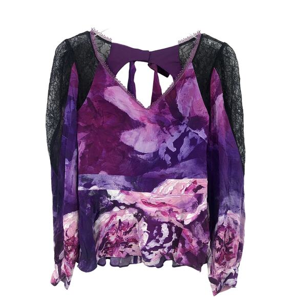 Marchesa Notte Floral Bow Back Blouse 0 Long Sleeve V-Neck Cut Out Watercolor
